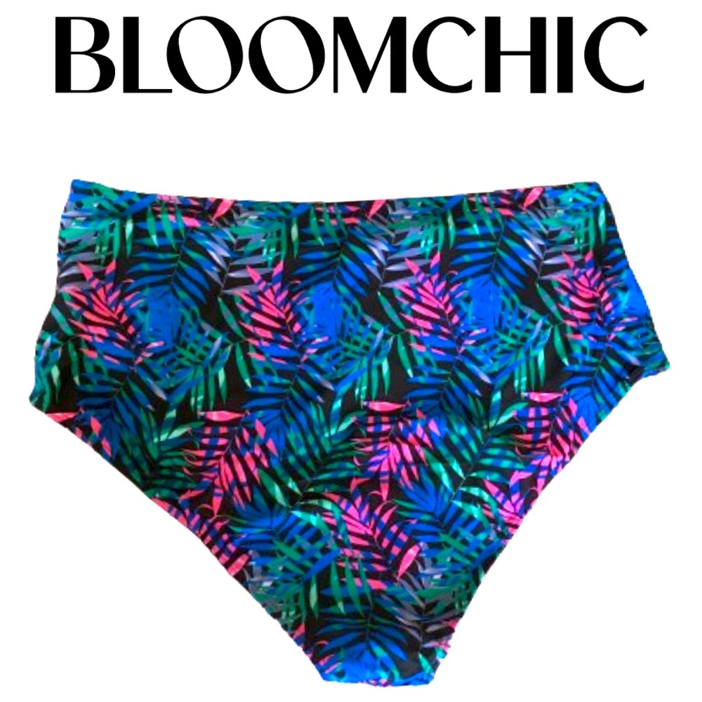 👙NWOT BloomChic Swim Briefs, Size 3X 22-24, Tropical Leaves on Black Background